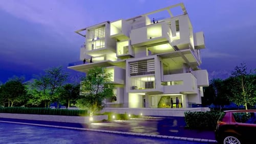 Modern apartment building at dusk