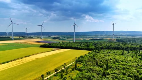 Amplio parque eólico bajo un cielo azul. Las turbinas eólicas se elevan sobre campos y bosques