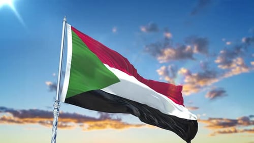 Waving Sudan Flag Animation with Realistic Fabric and Bright Sky