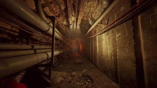 Grungy Underground Tunnel Journey with Pipes and Glowing Lights