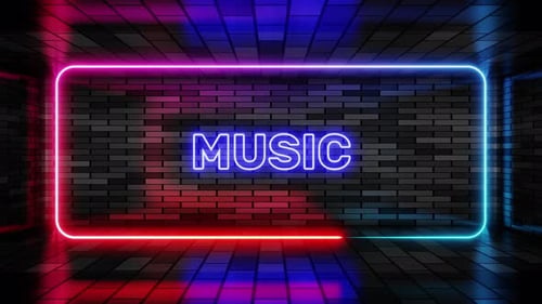 Neon sign music in speech bubble frame on brick wall background 3d render. Light banner
