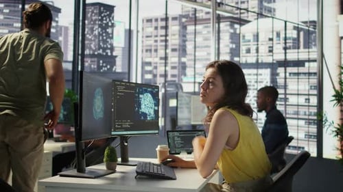 Admin and Coworker Conducting Experiments and Tests to Optimize AI