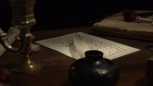 Vintage Desk With Candle, Letter, and Quill