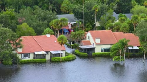 Tropical Rainstorm Flooded Residential Homes in Suburban Community in Florida Hurricane Aftermath