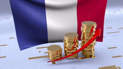 France Flag With Gold Coins Tower And Up Arrow