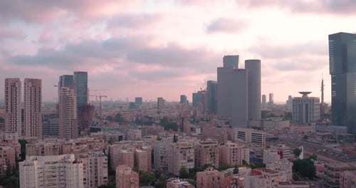 Tel Aviv city from Birds Eye View with clouds during Sunset