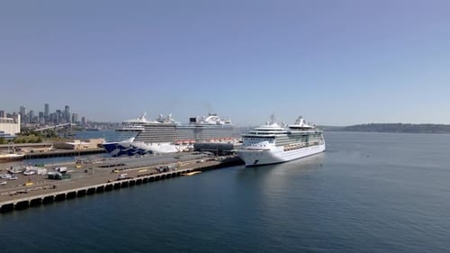 Footage of cruise ships docked in Seattle, Washington, USA. Aerial drone video of Seattle-Bremerton