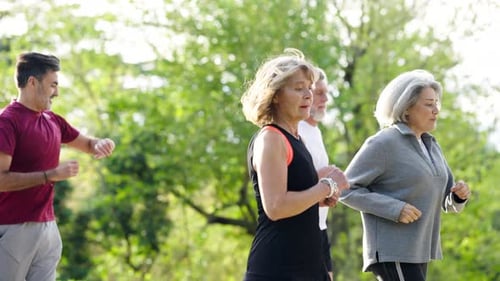 Group of Active Seniors Jogging in the Park Together