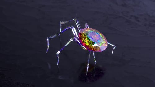 A Crystal Spider with a Large Diamond on Its Back Strides Across a Dark Gray Uneven Surface