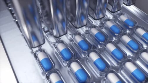 Die Kapseln werden in der pharmazeutischen Fabrik in die Blisterpackung gelegt. Herstellungsprozess der Pille, Schleife