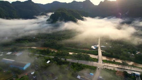 Aerial view from a drone over Phang Nga city during sunrise