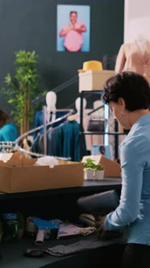 Woman Folds Fabric and Packs Order in Office