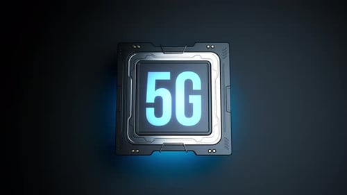 processor with the 5G inscription on the lid . animation on the theme of technology and data