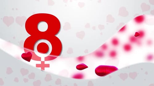 Animated Red Number Eight with Female Symbol and Flowing Hearts