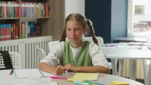 Caucasian Schoolgirl Learner Pupil Student Portrait Pretty Girl Smiling Looking at Camera Academy