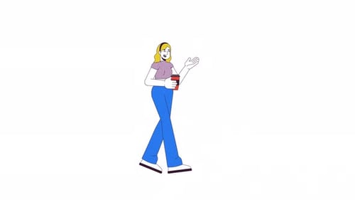 Animated Flat Design Woman Gesturing with Coffee Cup