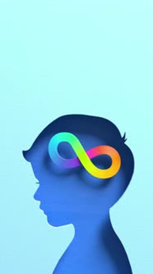 Looping video of blue child head silhouette with rainbow infinity symbol representing autism