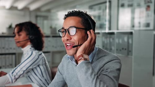 Office, businessman and consulting with headset for call center, customer service and listening