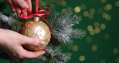 Woman putting beautiful ball on christmas tree against green background, closeup. Bokeh effect