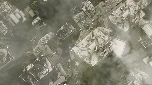 destroyed city after war or earthquake, aerial top down view.