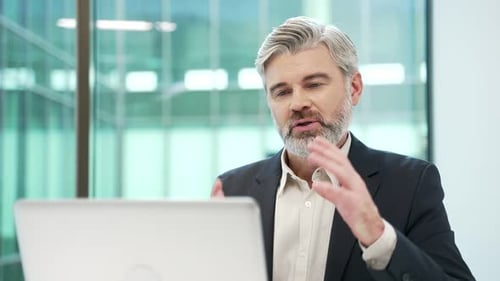 Confident mature businessman talking on a video call conference using laptop in business office.