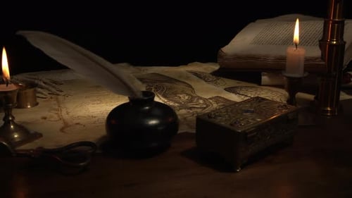 Moody Vintage Desk with Quill Pen and Candlelight