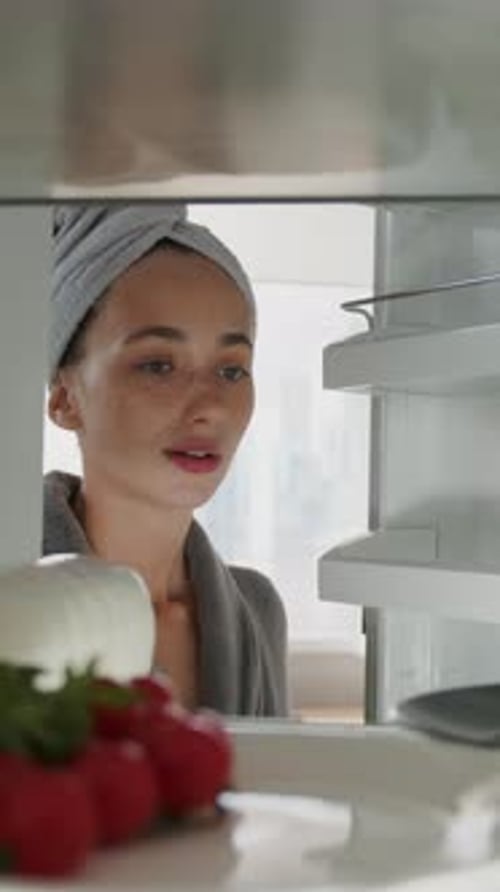 Portrait Young Woman Opens Fridge Door Looks Inside Take Food and Close Refrigerator Lunch Preparing