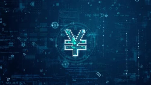 Blue digital money logo and futuristic circle HUD with big data processed on grid line background