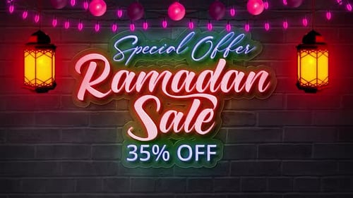 Ramadan Sale Neon Text With Lantern And Lights V19