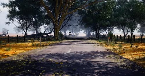 Winding Rural Road Surrounded By Lush Trees and Dusty Landscape