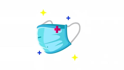 Animated Blue medical mask with a red cross flat icon.