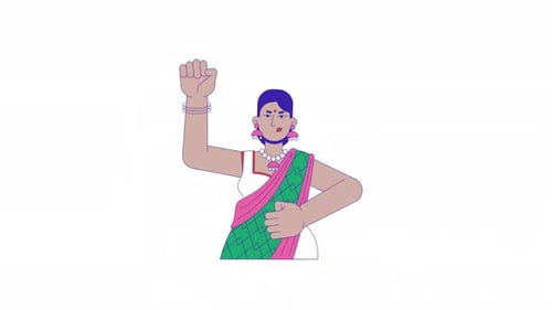 Animated Woman in Saree with Raised Fist Flat Design