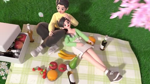 Animated 3D Couple Picnic with Falling Cherry Blossoms