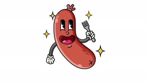 Decorative Cartoon Sausage Mascot Holding a Fork Animation