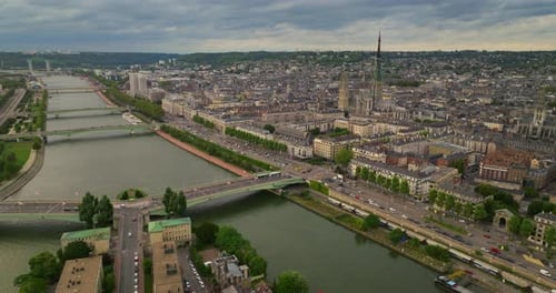Establishing Shot of the City Panorama of Rouen at Sunset Aerial View of the Central Area of Rouen
