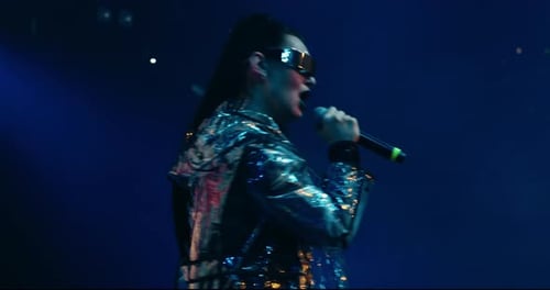 Portrait Of Talented Woman Singer On Stage In Nightclub Contemporary Electronic And Rock Music