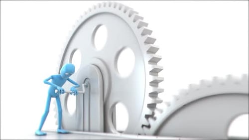 3D Blue Character Assembling a Mechanical Gear System