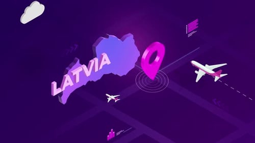 Futuristic Isometric Map of Latvia Travel and Location Pin Animation
