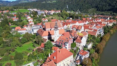 Aerial view of historic old town and river, Austria.