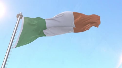 Realistic Ireland National Flag Waving in Blue Sky
