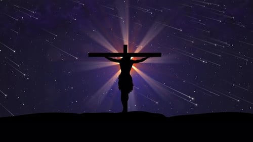 Jesus Crucifying Top Of The Hill And Glowing Bright Light Appear With Lots Of Shooting And Twinkle