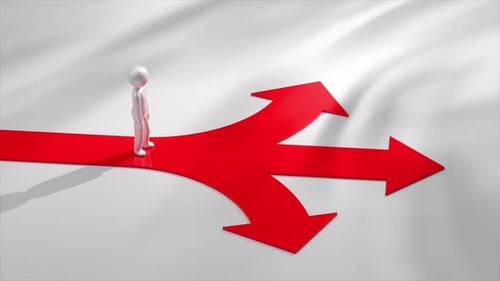 3D Figure Standing on Forking Red Arrows Choosing Path