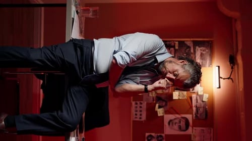 Vertical Video in the Detective's Office Middleaged Investigator in a Shirt and Tie Sits on a Table