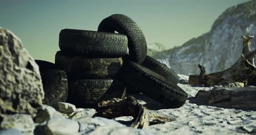 Discarded Tires Rest on a Sandy Beach Surrounded By Rocks and Driftwood
