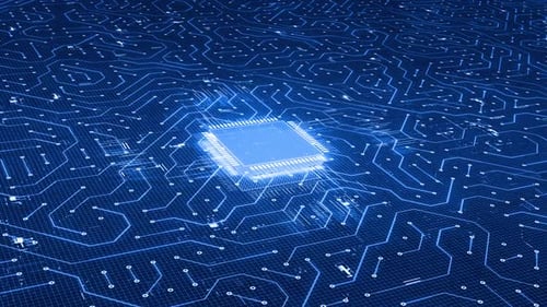 Animated CPU Microchip on Blue Digital Circuit Board