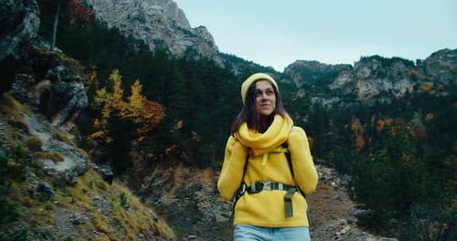 Tourist Walk on Mountain Path with Hike Backpack on Vacation Trip Adventure