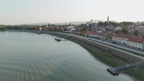 Aerial View of Szentendre Promenade Along the Danube River