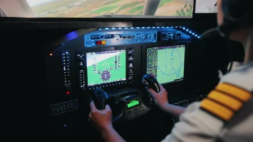 Female Pilot Sitting on Chair Holding Wheel By Hands Turning