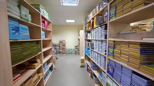 Library book shelf interior. Inside modern library with book shelves