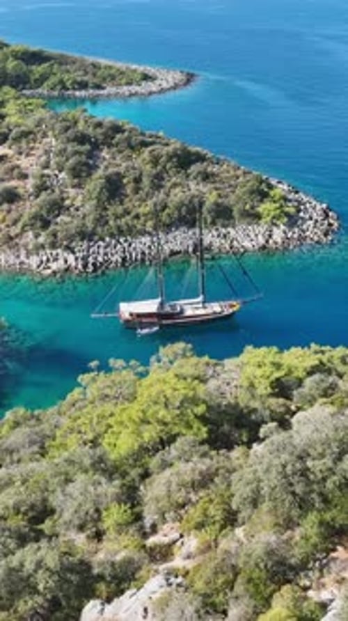 Aerial view sailing yacht pristine turquoise waters